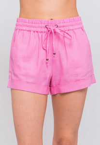 Pink Linen Mid Rise Drawstring Shorts