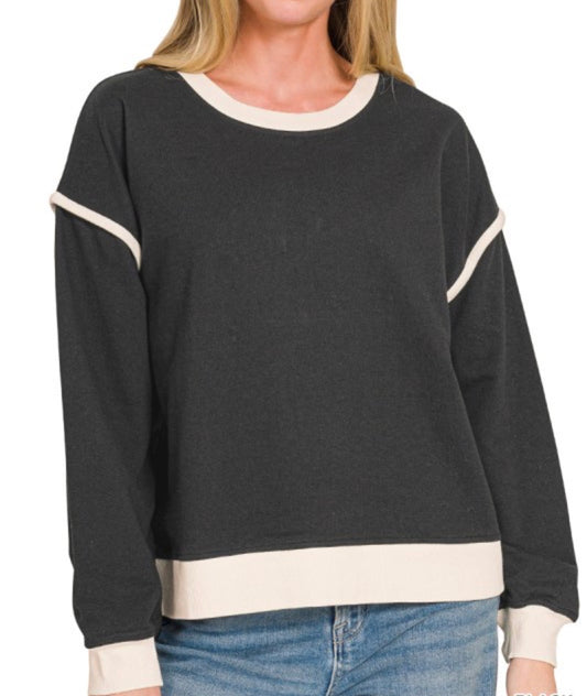 Black & Ivory Contrast Drop Shoulder Pullover