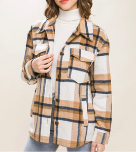 Tan, White and Navy Plaid Shacket with Pockets