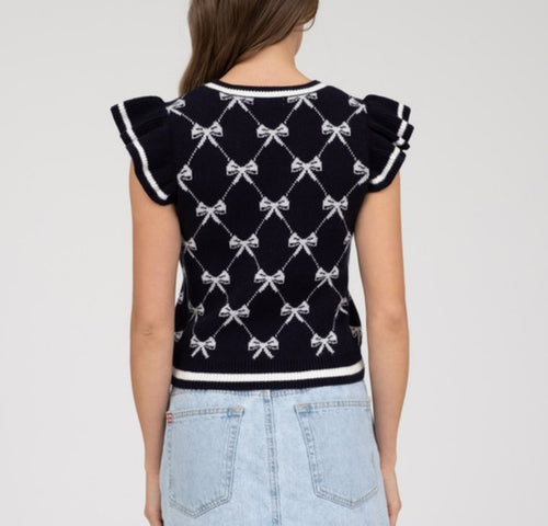 Navy Bow Ruffle Sleeve Sweater Knit Top