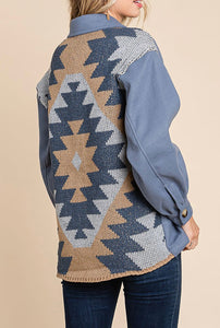 SALE! Blue Aztec Sweater Back Shacket