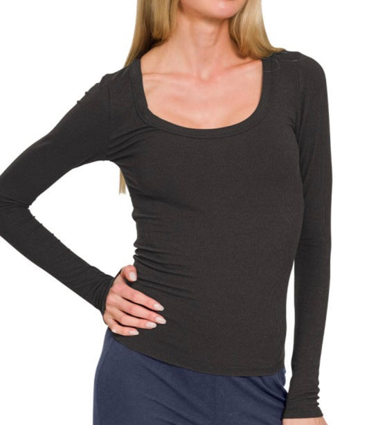 Black Ribbed Boat Neck Long Sleeve T-Shirt