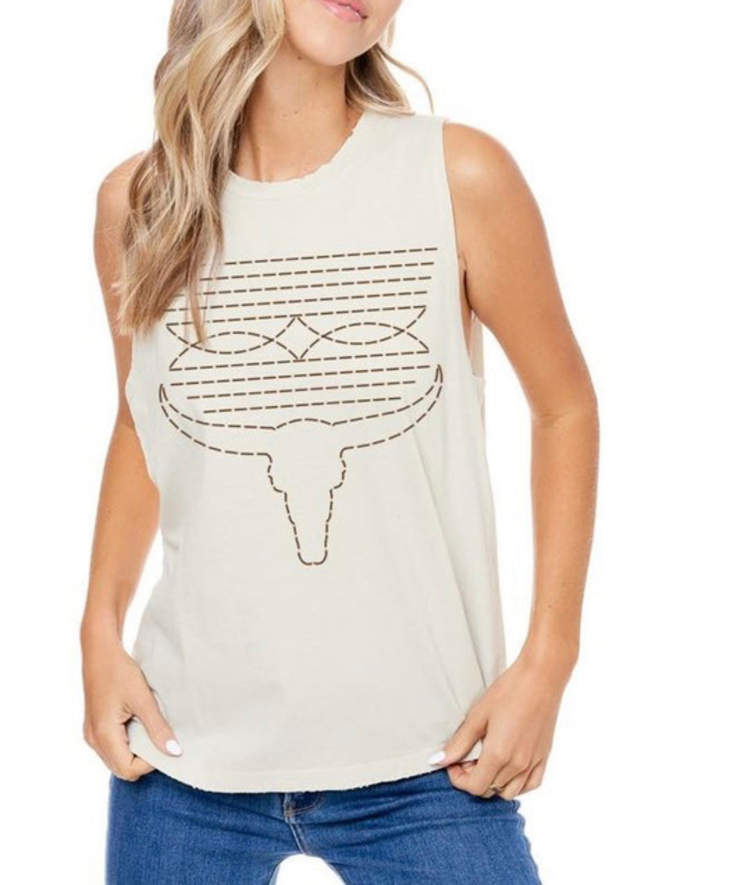 Oat Longhorn Cowboy Boot Stitch Graphic Tank