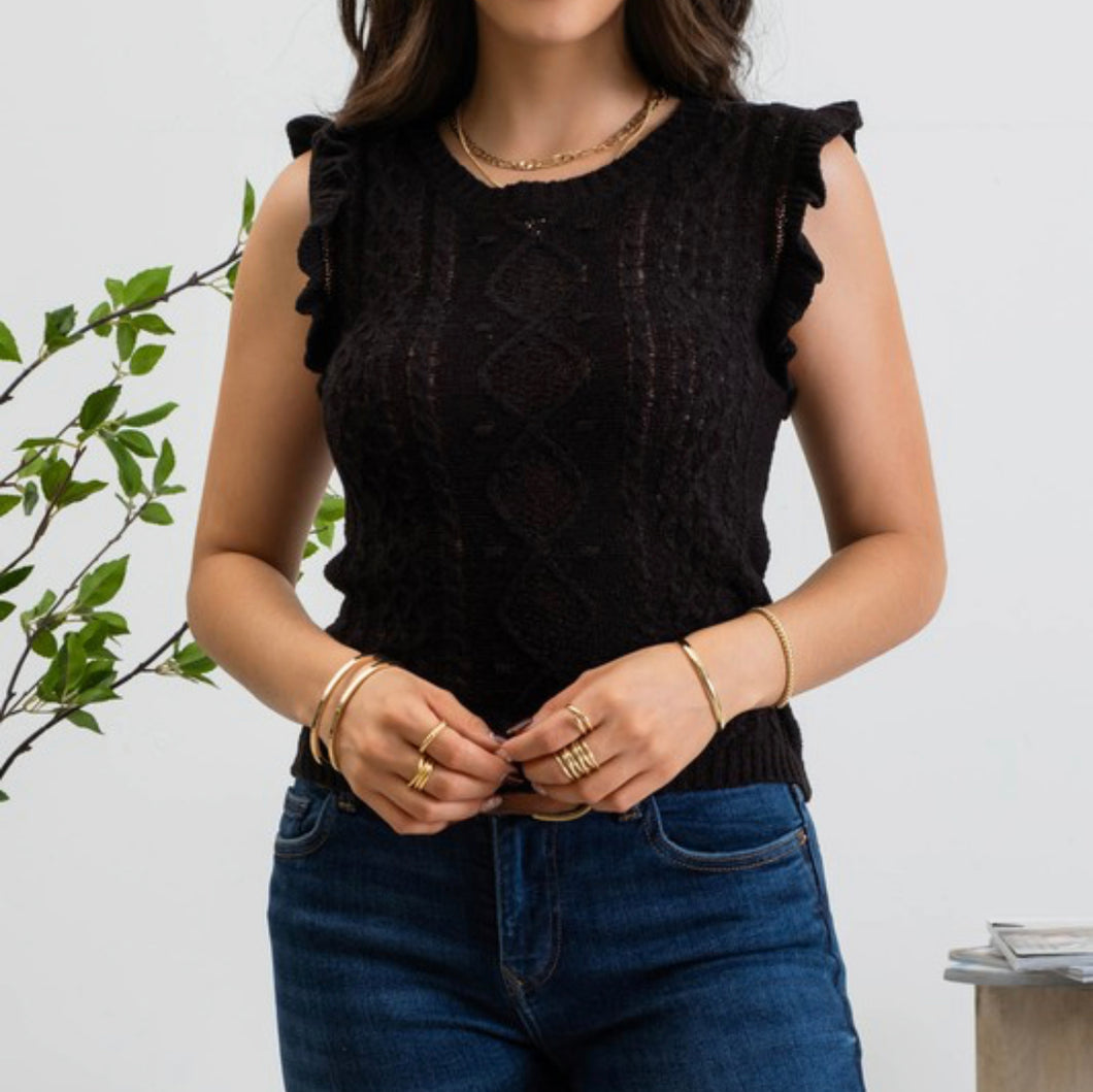 Black Sleeveless Cable Knit Top