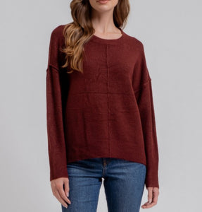 Burgundy Crewneck Front Seam Knit Sweater