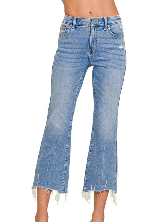 Light Wash Kick Crop Flare Denim By Zenana
