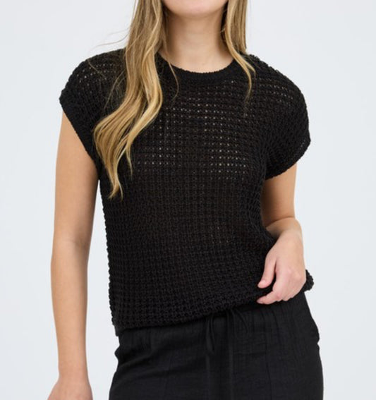 Black Crochet Knit Batwing Short Sleeve Top