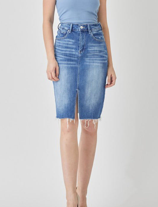 Risen High Rise Denim Pencil Skirt