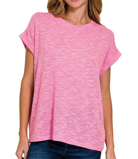 Candy Pink Hacci Rolled Sleeve Relaxed Tee