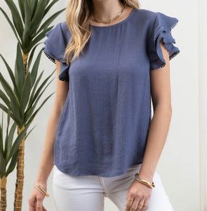 Blue Ruffle Blouse w/ Pom Detail Sleeve