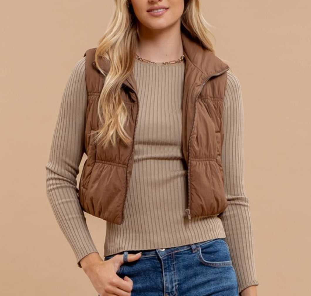 Brown Collard Puffer Vest