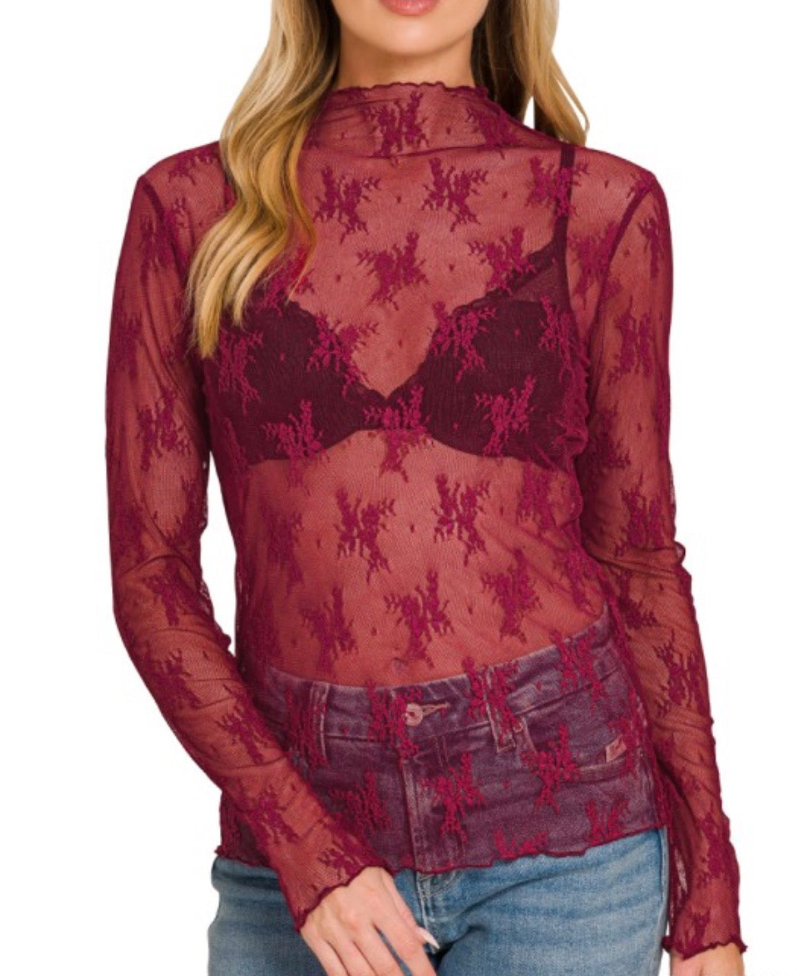 Raspberry Long Sleeve Lace Top