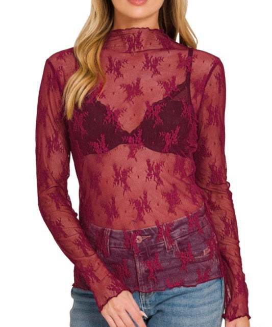 Raspberry Long Sleeve Lace Top