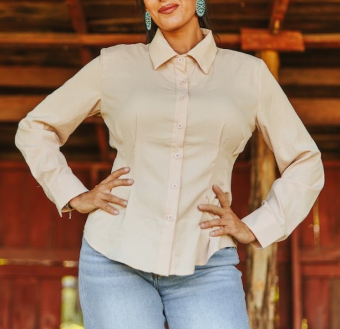 Beige Button Down Long Sleeve Collared Shirt