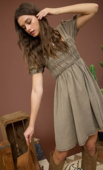 Mocha Smocked Dress w/Puff Sleeve
