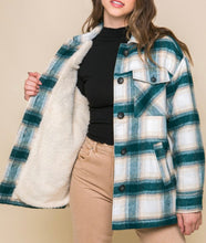 Load image into Gallery viewer, Teal Blue Plaid Sherpa Lined Shacket w/Pockets
