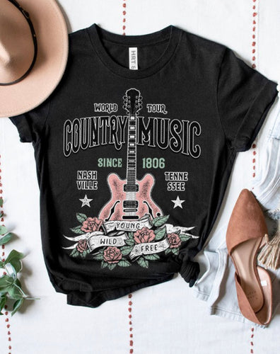 Black Country Music Guitar Graphic Tee