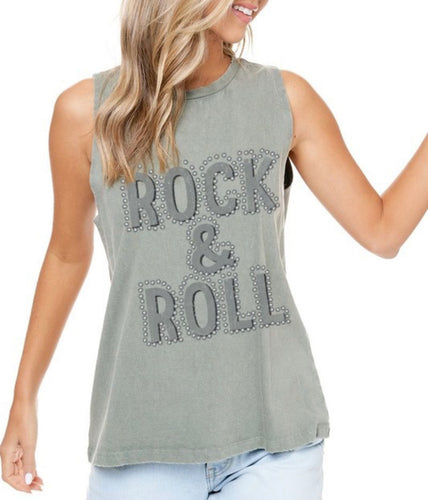 Olive Rock N Roll Puff Graphic Tank