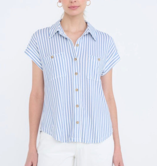 Blue Striped Collared Short Sleeve Button Down