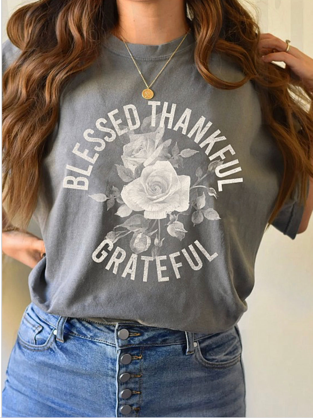 Grey Blessed Thankful & Grateful Graphic Tee