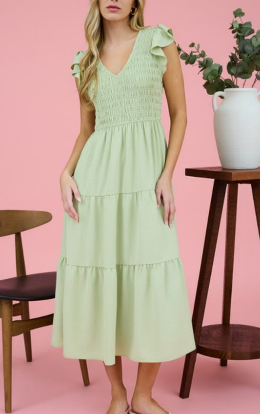 Light Green Flutter Sleeve Maxi Dress