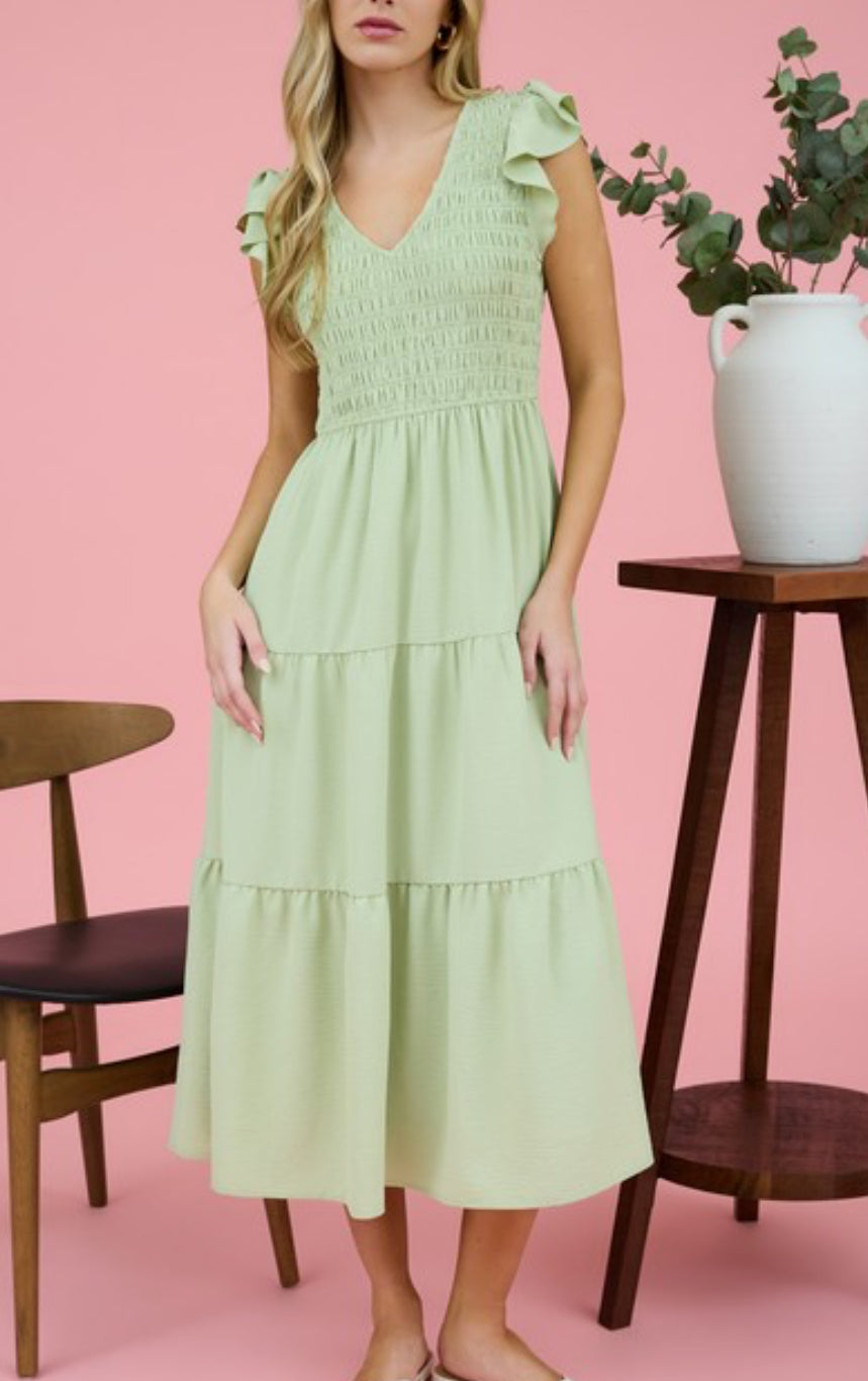 Light Green Flutter Sleeve Maxi Dress