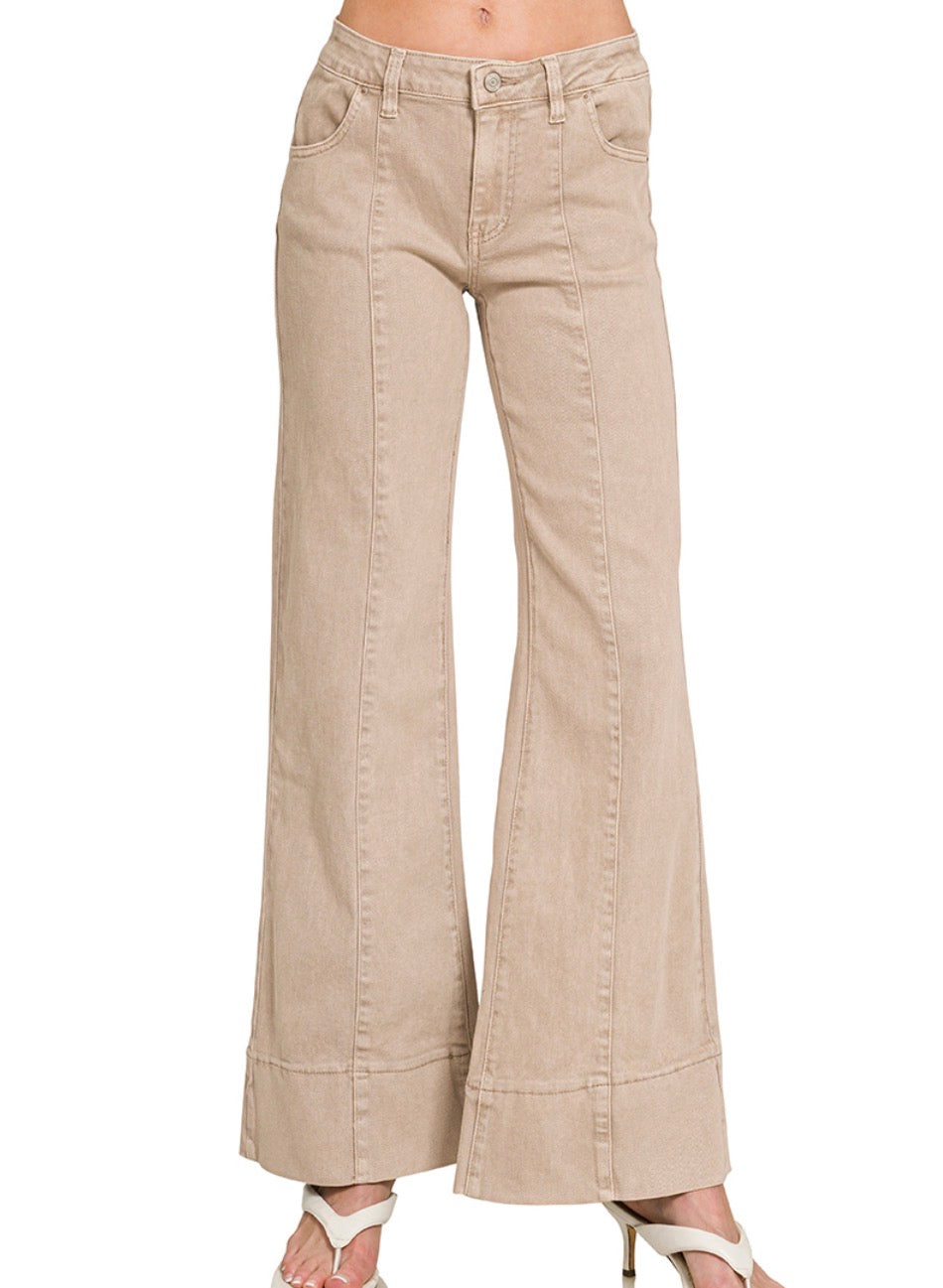 Khaki Mid Rise Wide Leg Color Denim Pants