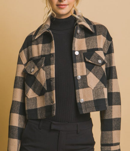 Black & Brown Cropped Check Shacket