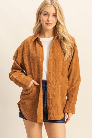Camel Corduroy Shacket With Pockets