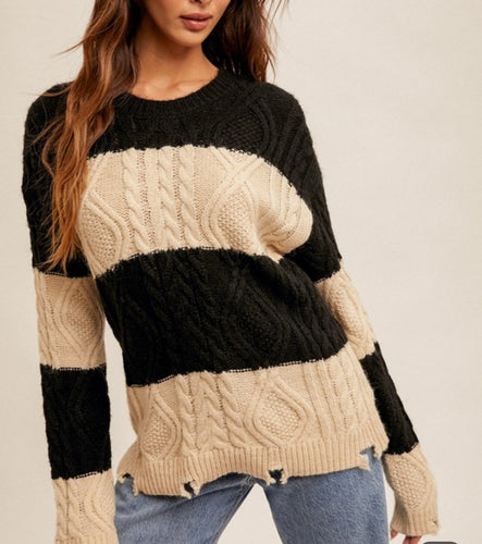 Black & Oat Stripe Cable Knit Sweater