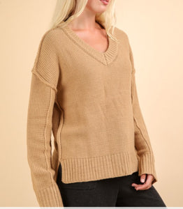 Oversized Mocha V-Neck Chunky Knit Sweater