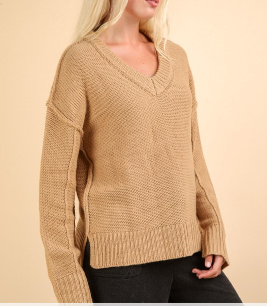 Oversized Mocha V-Neck Chunky Knit Sweater