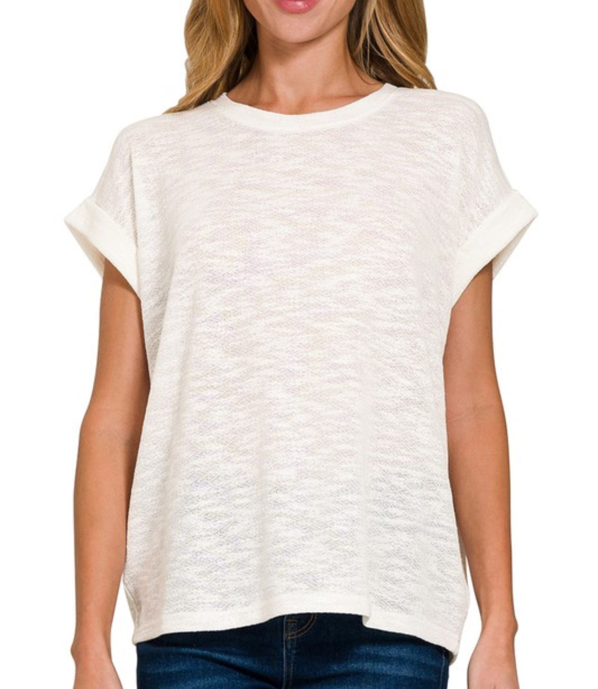 White Hacci Rolled Sleeve Relaxed Tee