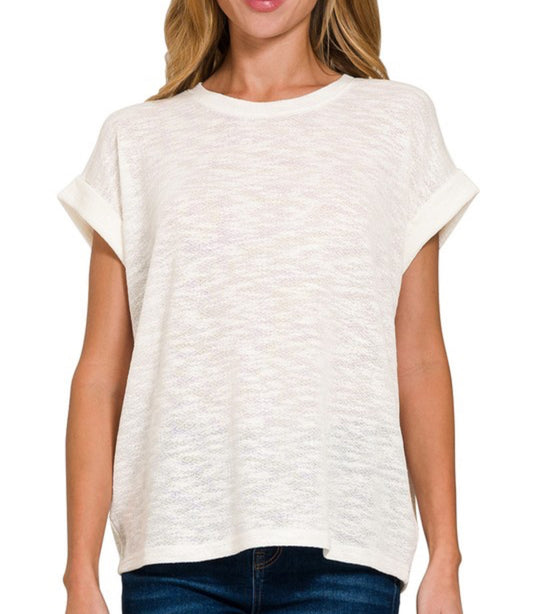 White Hacci Rolled Sleeve Relaxed Tee