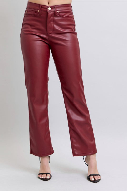 Judy Blue Straight Red Faux Leather Tummy Control Pant
