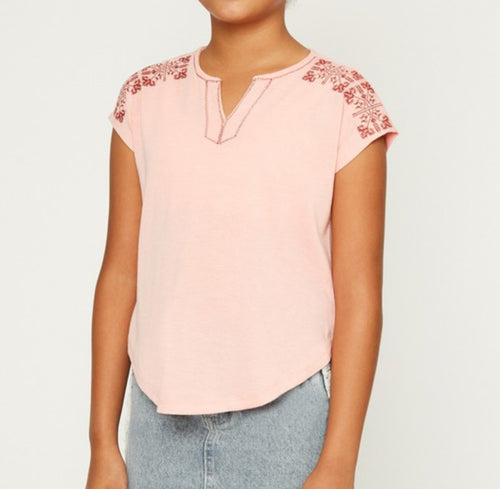 Youth Girls Coral Embroidered Shoulder Tee