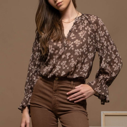 Brown Floral Long Sleeve Blouse