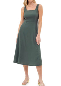 Pine Green Scoop Neck Midi Dress w/Zip Back