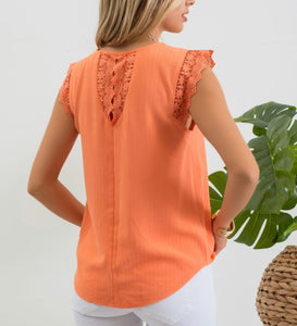 Cantaloupe V-Neck Top with Lace Detail