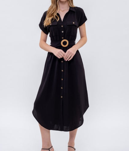 Black Collared Button Down Midi Dress