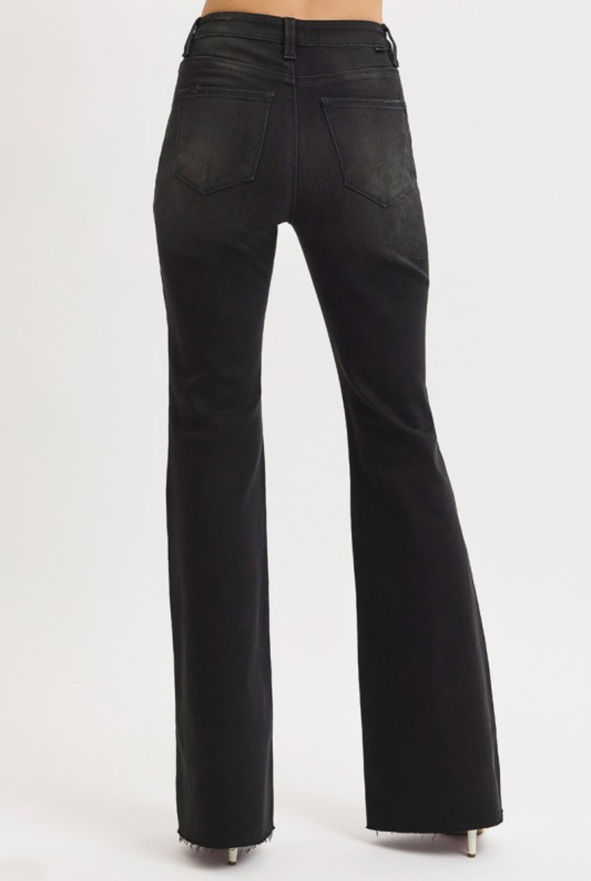 Risen Black High Rise Flare Raw Cut Hem Jeans