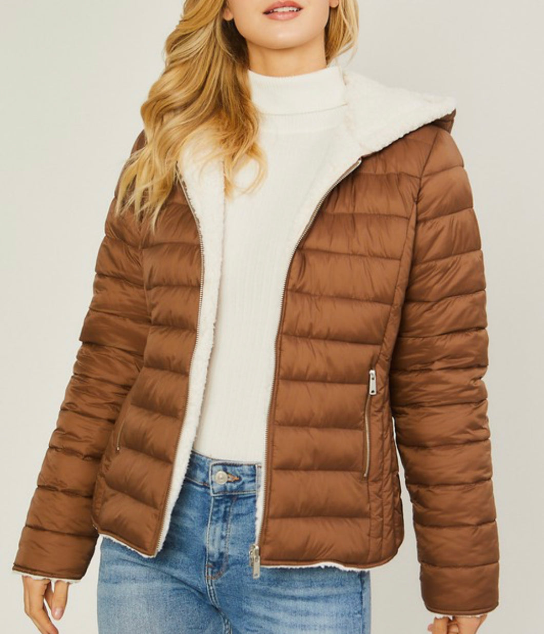 Brown Sherpa Lined Puffer Jacket