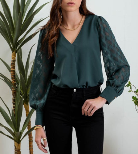 Emerald Green V Neck Blouse w/Sheer Sleeve & Button Back