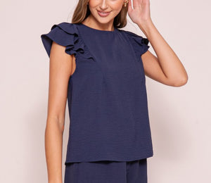 Navy Ruffle Cap Sleeve Blouse