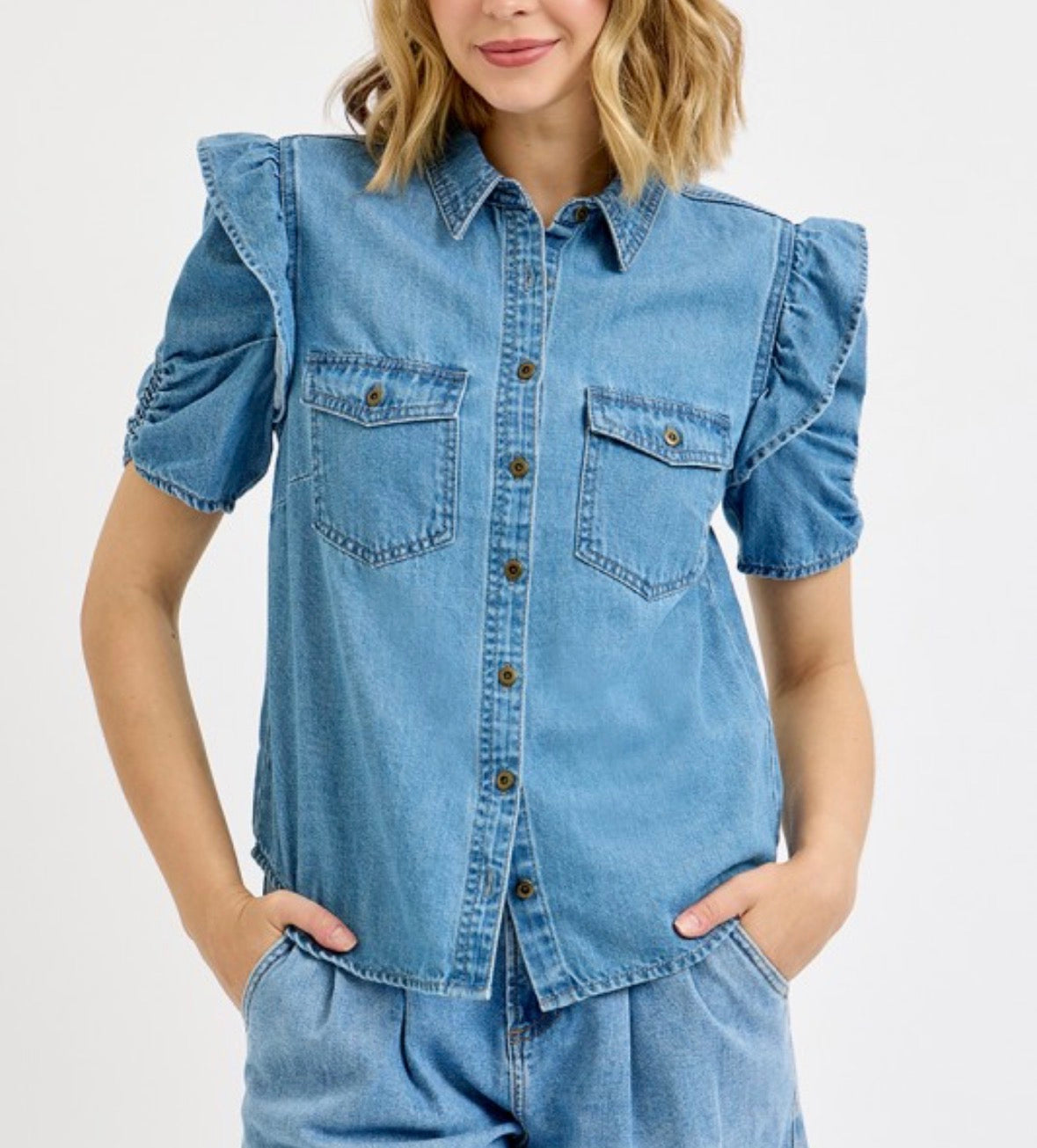 Ruffle Detail Puff Sleeve Denim Shirt