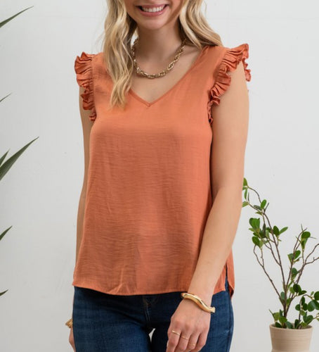 Terracotta V Neck Ruffle Trim Blouse