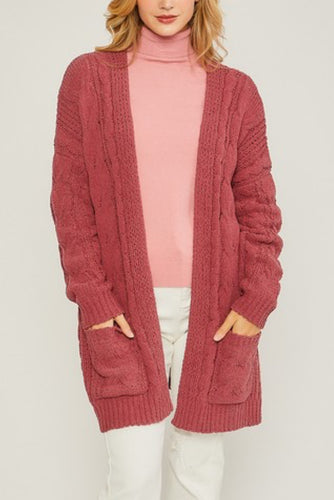 Raspberry Cable Knit Open Cardigan