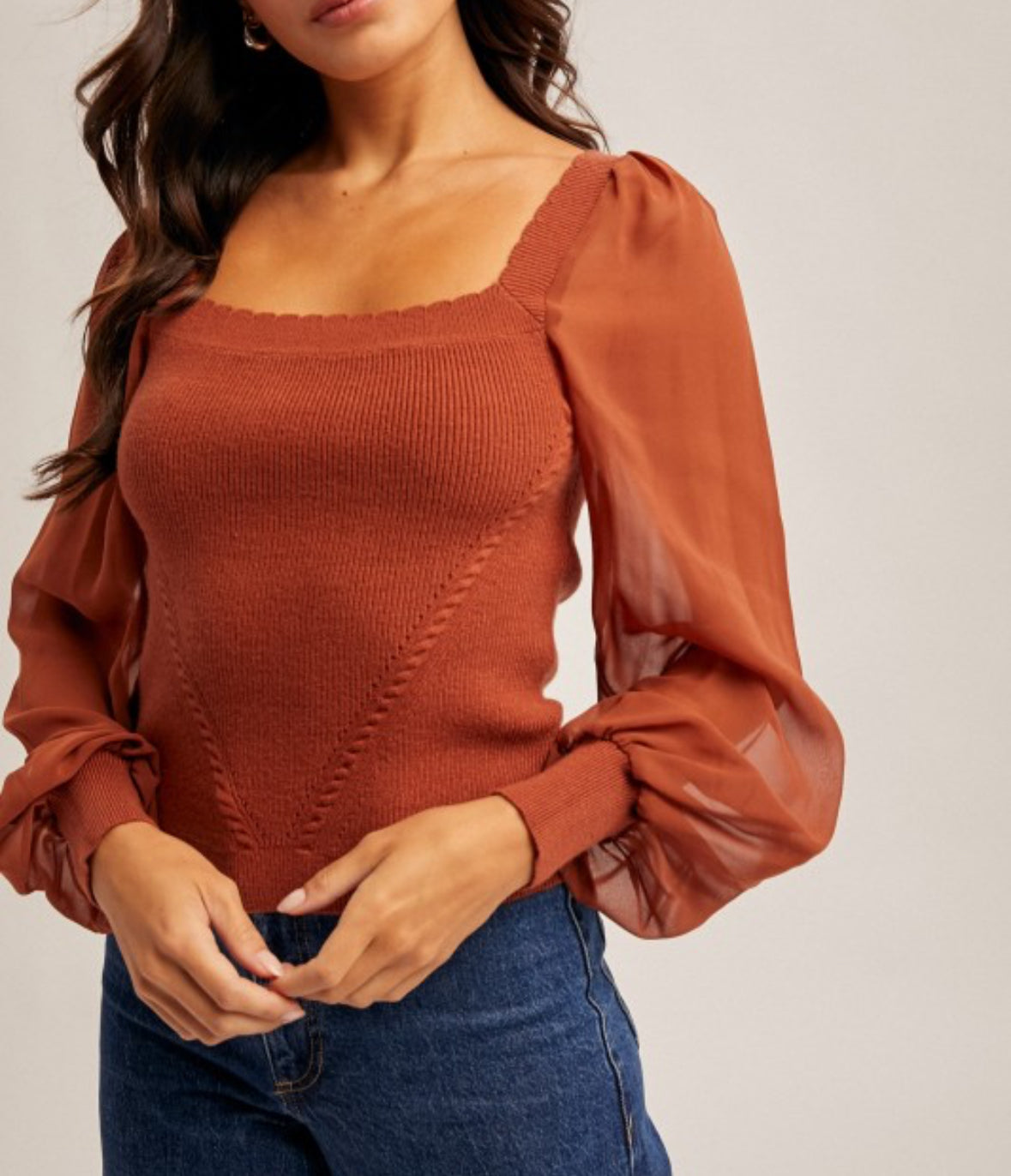 Rust Scallop Neck Top w/ Chiffon Sleeve