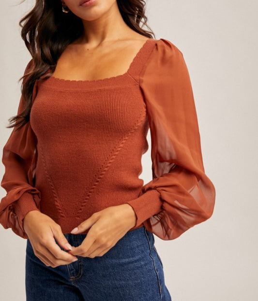 Rust Scallop Neck Top w/ Chiffon Sleeve