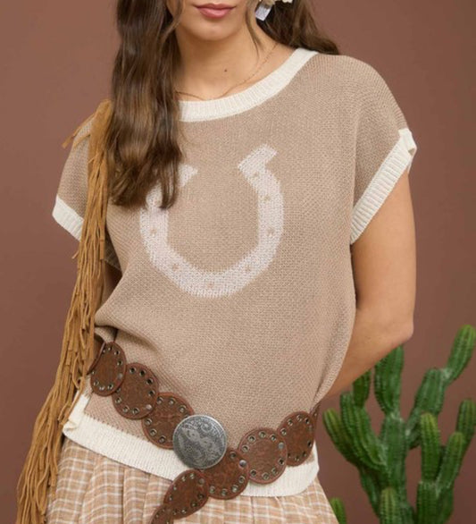 Tan Horseshoe Short Sleeve Sweater Top